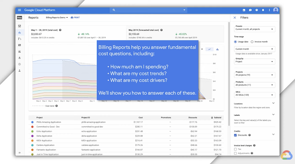 Imagen estática de un vídeo en una pantalla de ordenador que muestra informes de facturación de Google Cloud Platform en la esquina superior izquierda y un mensaje en el centro, donde se puede leer: "Los informes de facturación te ayudan a resolver dudas fundamentales sobre los costes, como ¿cuánto estoy gastando? ¿Cuáles son las tendencias de mis costes? ¿Cuáles son los factores que afectan a mis costes? Te mostraremos cómo responder a cada una de estas preguntas". 