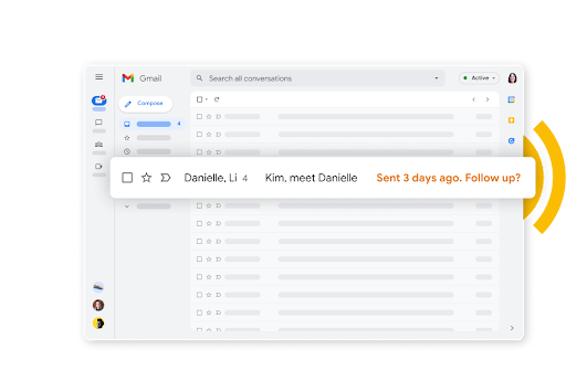 Gmail-inbox met opvolgherinnering in oranje tekst