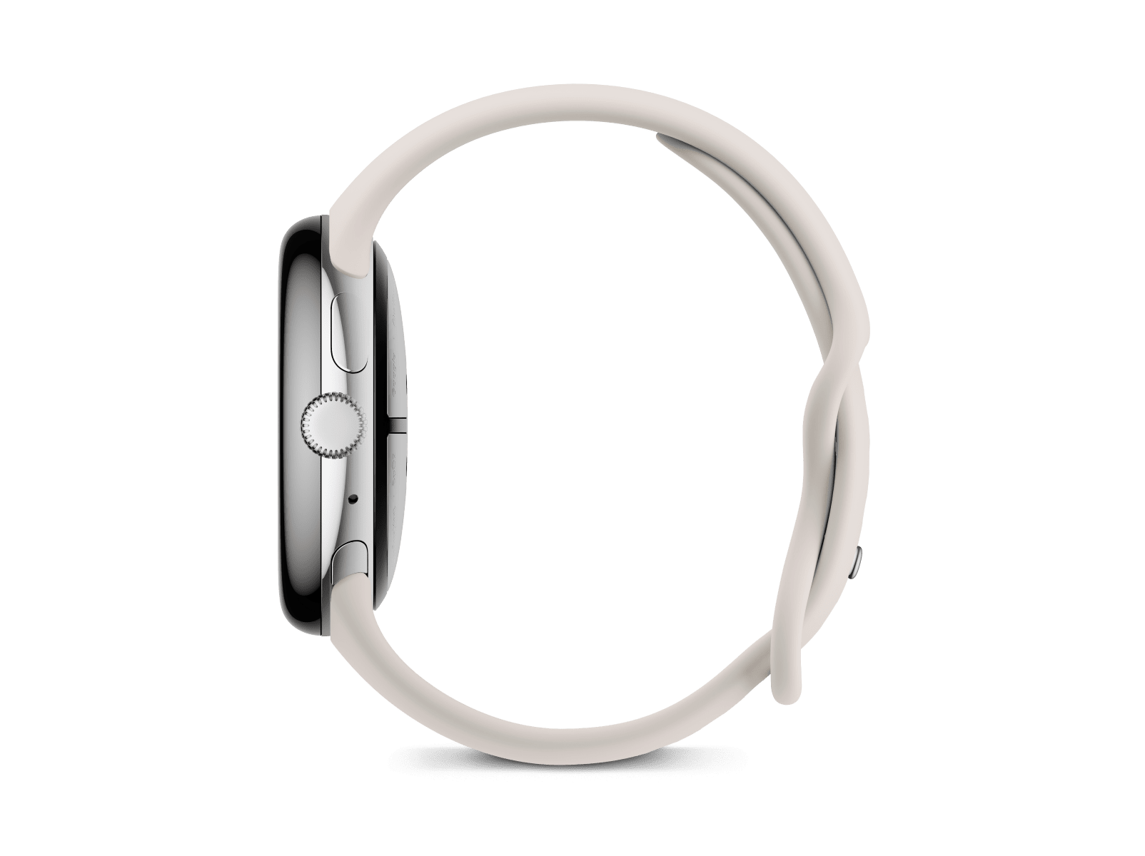 Side view of the Pixel Watch 3 45mm with Polished Silver Aluminum Case / Porcelain Active Band