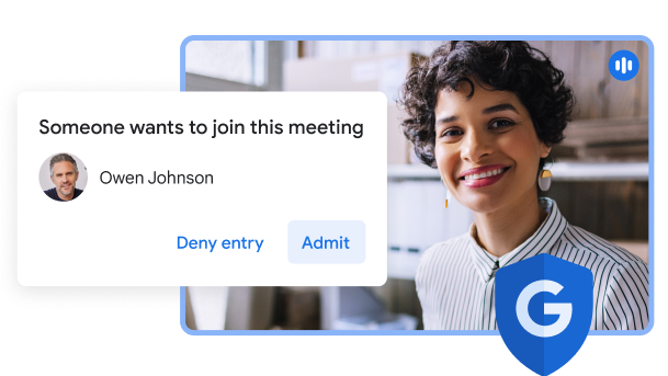 Google Meetin käyttöliittymän ponnahdusikkunassa näkyy "Someone wants to join this meeting" (Joku haluaa mukaan tähän kokoukseen) ja vaihtoehdot "Deny Entry" (Estä pääsy) ja "Admit" (Salli).