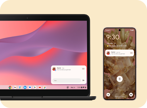 Un Chromebook et un téléphone côte à côte affichent tous deux une notification de SMS de la part de "Rachel".