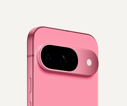 The top third of the back of Pixel 9 in Peony color.