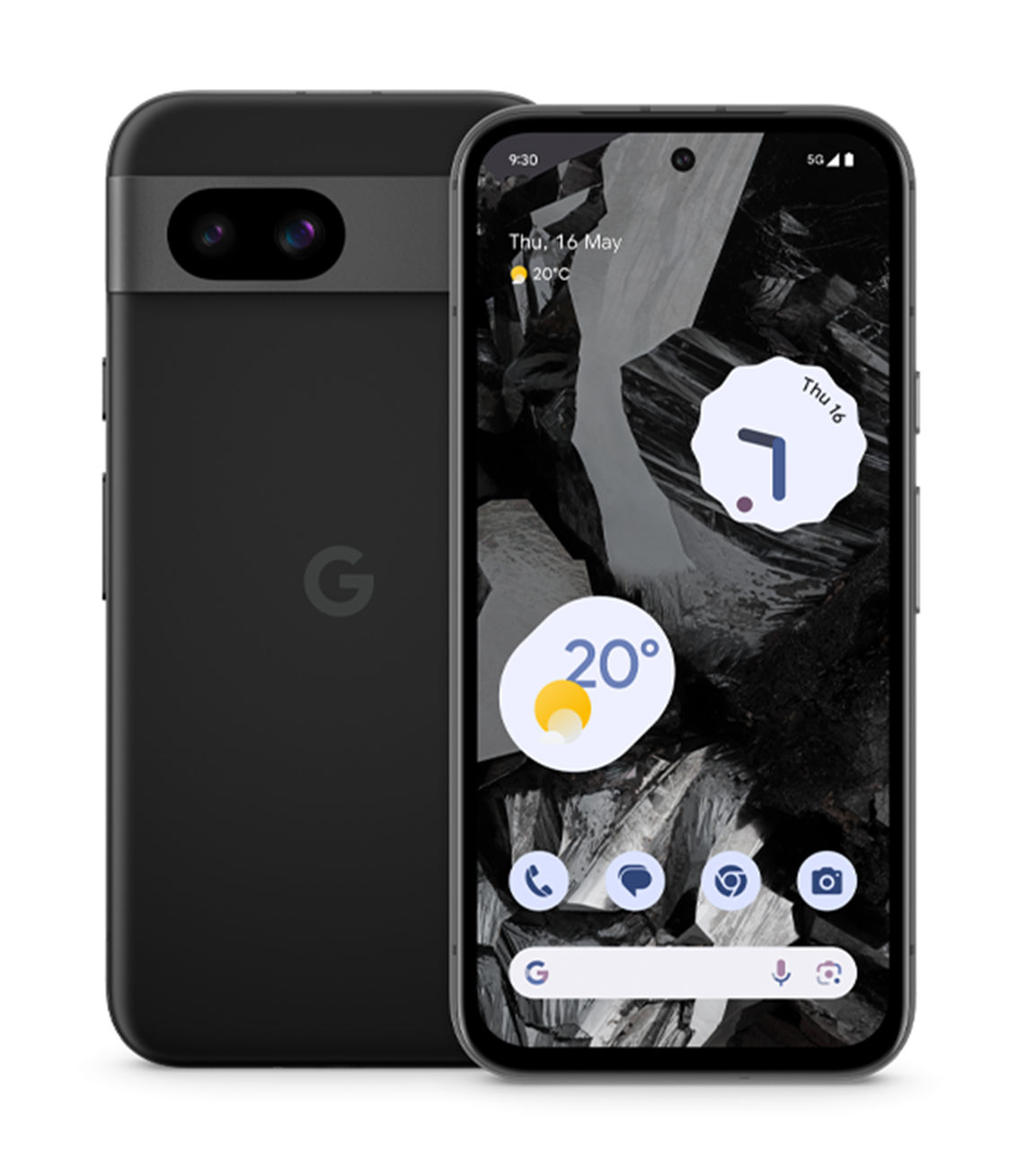 The front and back of a Google Pixel 8a phone.