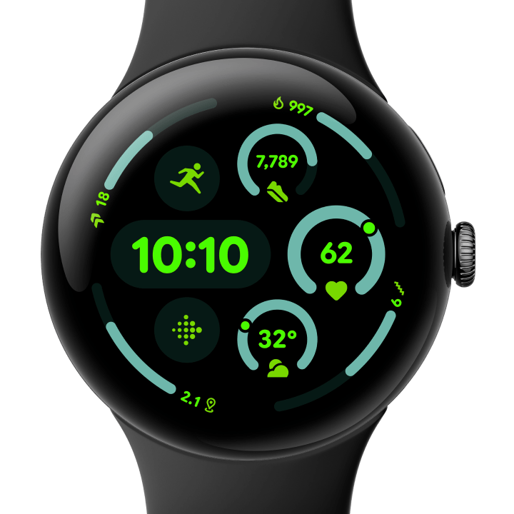 Front view of the Pixel Watch 3 45mm with Matte Hazel Aluminum Case / Hazel Active Band