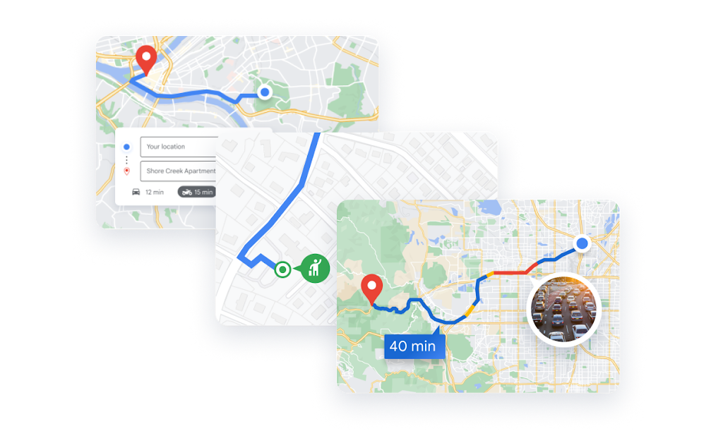 Tres mapas que muestran las funciones de Routes