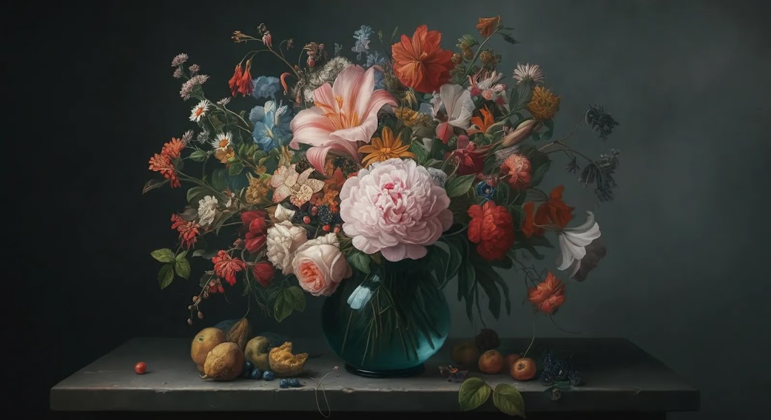 A detailed still life oil painting of a large, overflowing bouquet of flowers in a glass vase. The bouquet is made up of various colorful flowers, including roses, lilies, peonies, and wildflowers. It sits on a dark wooden table, with several fruits scattered around it, including pears, apples, and berries. The background is a dark, muted tone, highlighting the vibrant colors of the flowers and fruits.