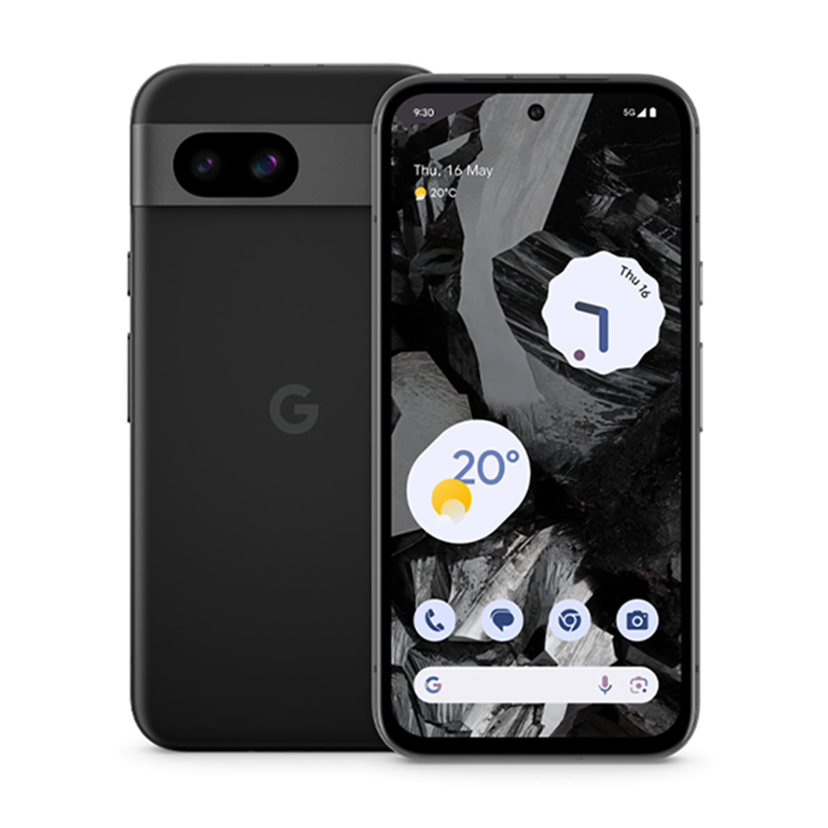 The front and back of a Google Pixel 8a phone.