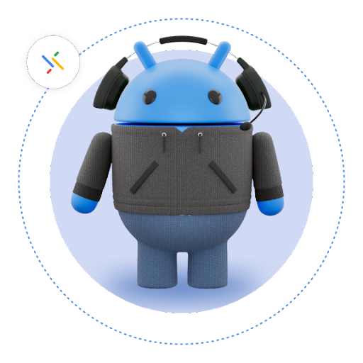 Un robot Android bleu portant un casque et un sweat-shirt gris. Il est entouré d'une ligne pointillée sur laquelle se trouve une icône représentant l'association d'appareils.