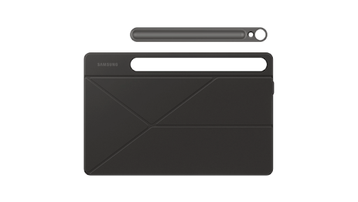 A black Galaxy Tab Smart Book cover displayed on screen with pricing details to shop now.