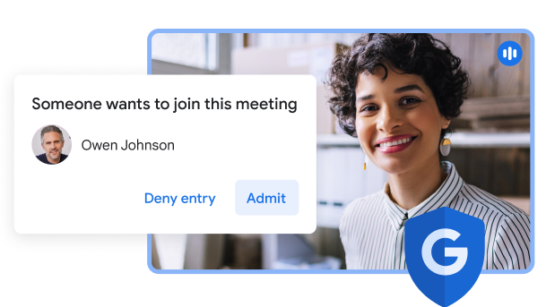 A Google Meet UI showing a pop-up box reading “Someone wants to join this meeting” and the options to “deny entry” or “admit”.