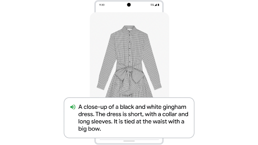 Using TalkBack to hear a detailed audio description of an image of a black and white gingham dress on an Android phone.