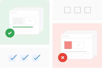 Una página web con una marca de verificación verde en contraste con otra página con una X roja muestran cómo funcionan las políticas en Google.