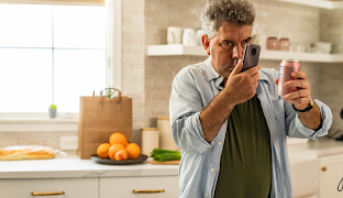 A man standing in a kitchen using his Android phone to read the can label.