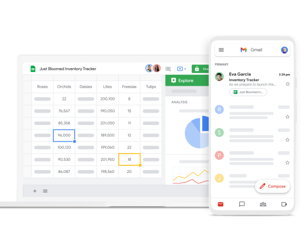 UI de Google Sheets et de Gmail pour ordinateur et mobile compatibles avec tous les appareils 