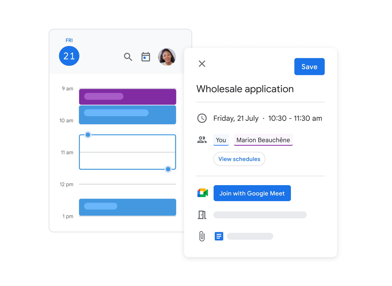 Instantané de l'interface Google Agenda montrant une utilisatrice en train de planifier une réunion, d'inviter des participants et de générer un lien Google Meet