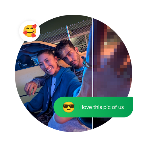 A selfie of two people that is partially blurry is overlayed by a smiling emoji with hearts and a green text bubble that reads "I love this pic of us" next to an emoji with sunglasses.