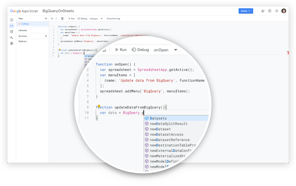 ‫Apps Script ו-BigQuery לפני השילוב ביניהן, זמינות ב-Google Sheets