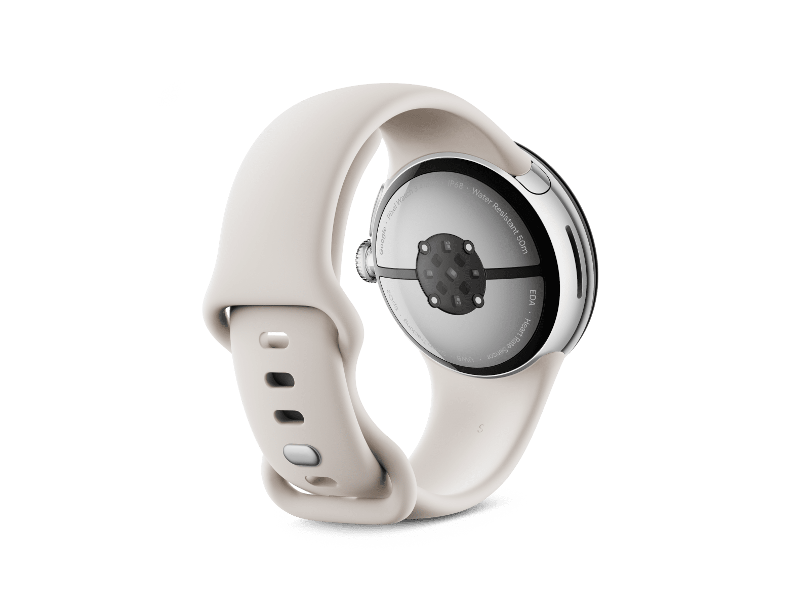 Back view of the Pixel Watch 3 41mm with Polished Silver Aluminum Case / Porcelain Active Band