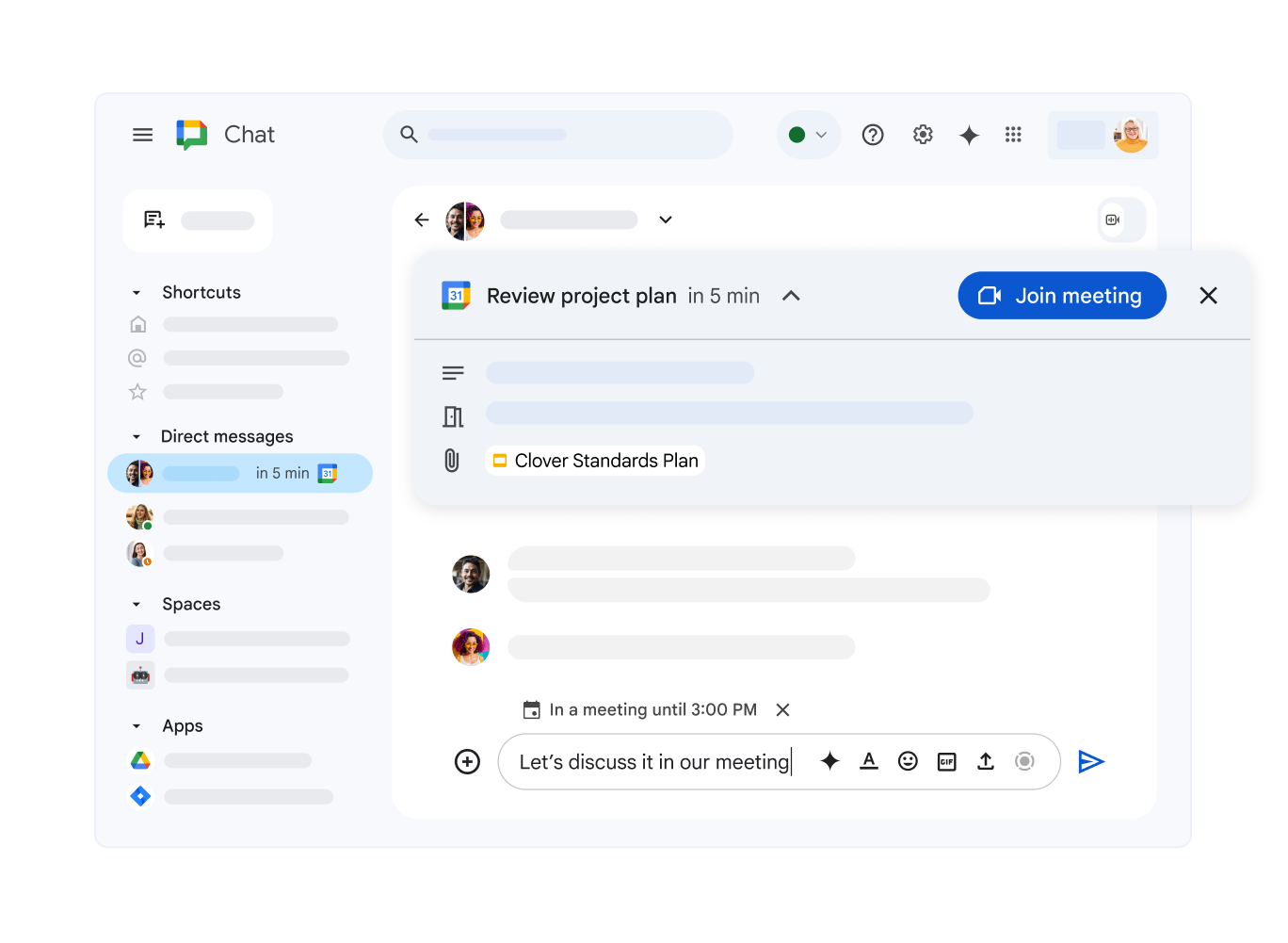 Google Chat 中显示了 Google 日历中安排的一个会议即将开始以及加入会议的链接。