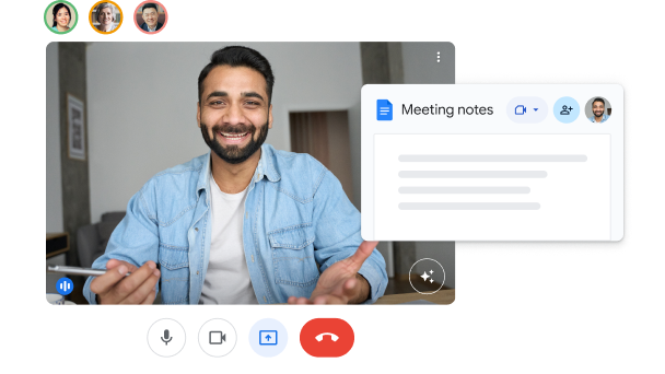 Google Meet 界面，显示有多个人员以及标题为“Meeting notes”（会议记录）的 Google 文档。