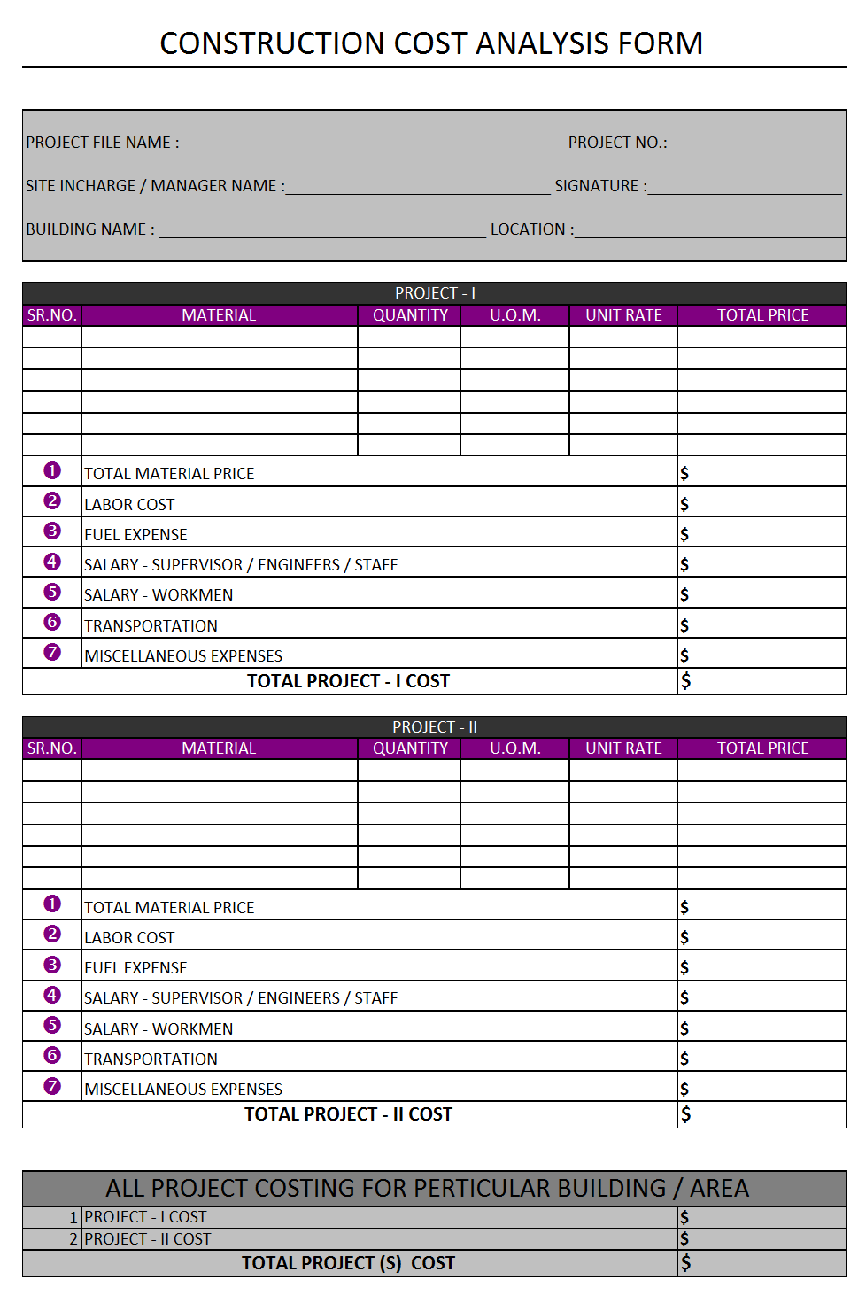 Construction Cost Analysis Form