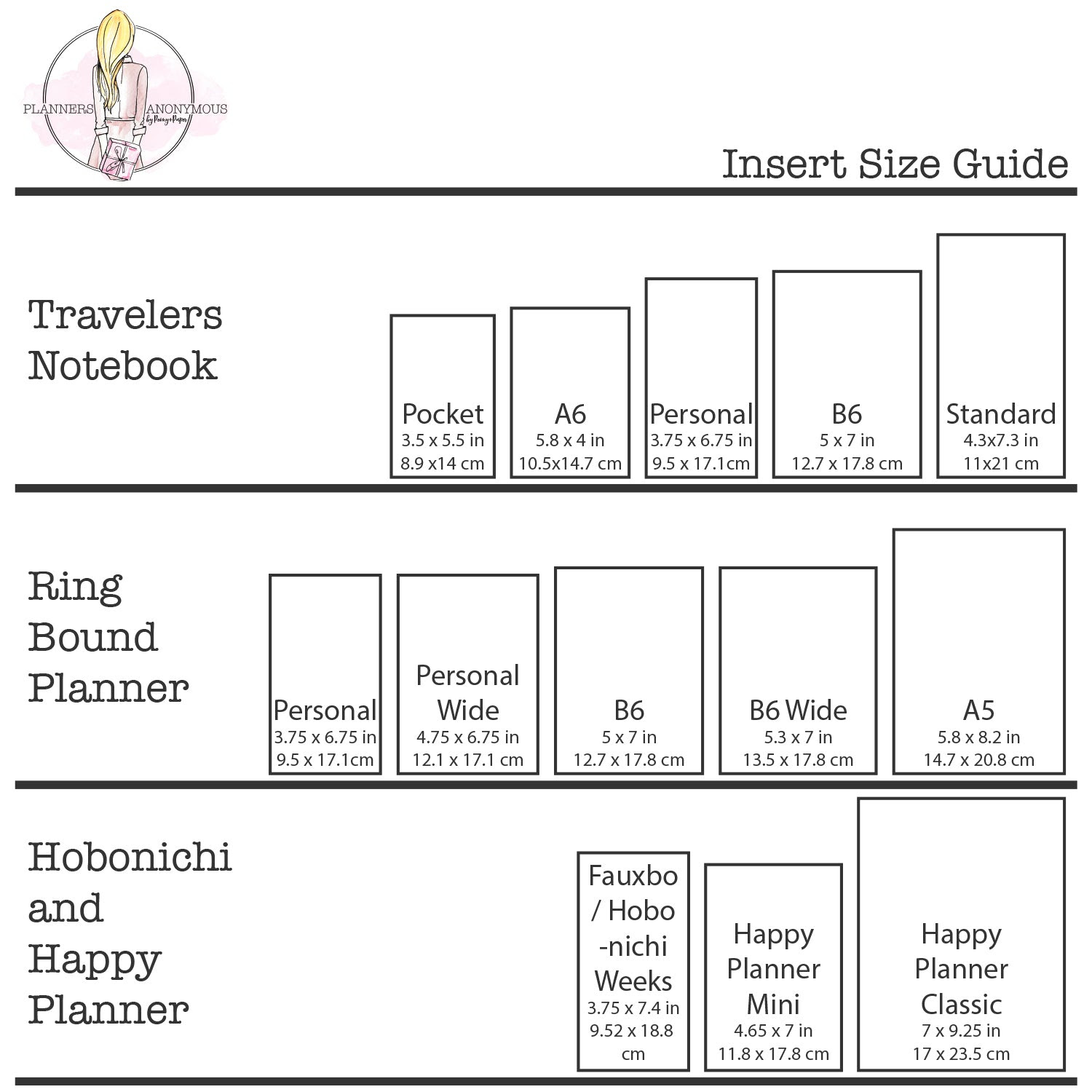 Insert Sizes Planners Anonymous