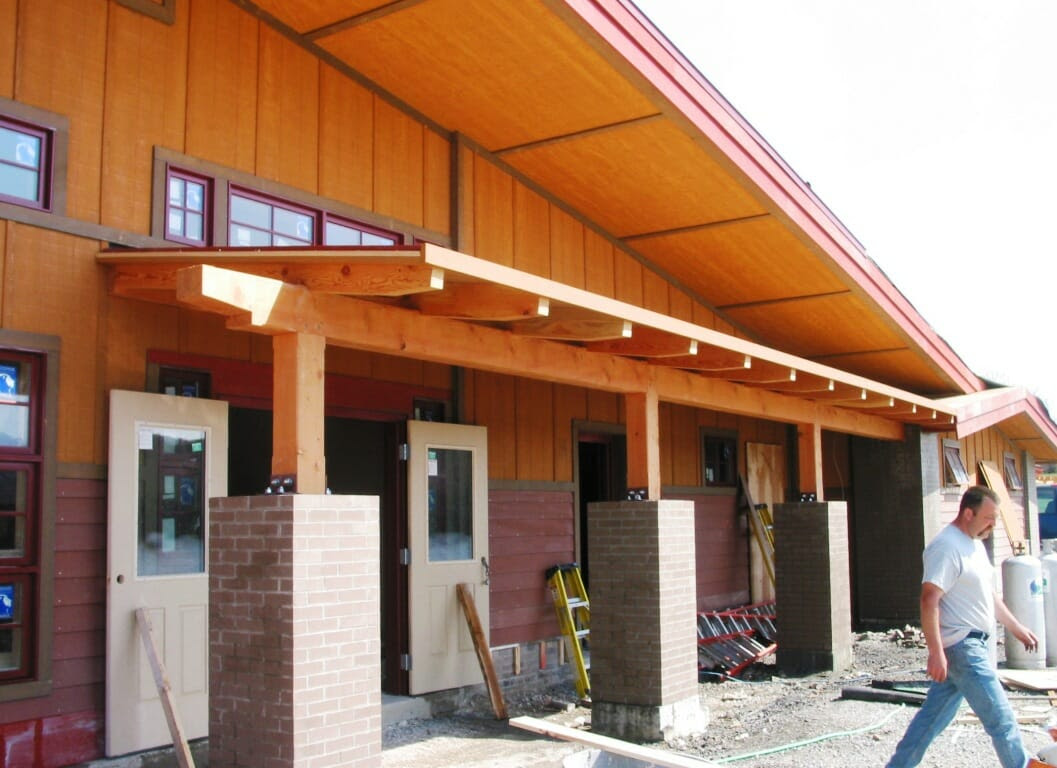 Timber Frame Pergola with Posts Beams and Gluelam Arches