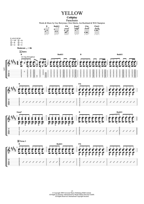 Yellow by Coldplay - Full Score Guitar Pro Tab | mySongBook.com