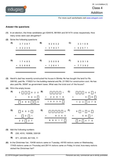 Participants can use some of these worksheets online or download them in pdf form. class 4 math worksheets and problems addition edugain india