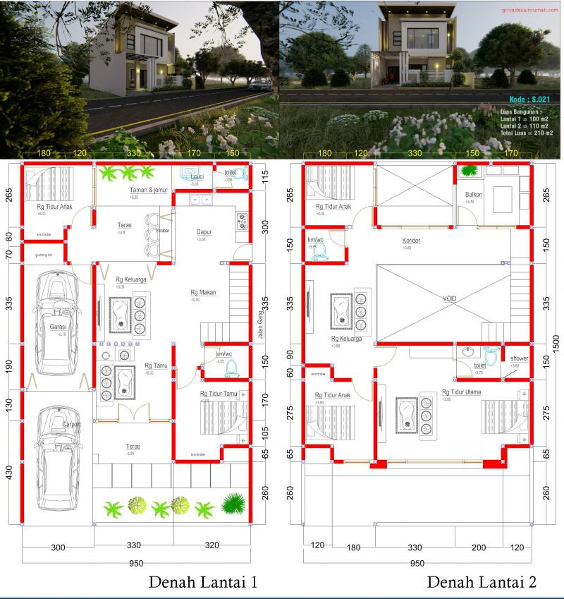  Denah  Rumah  2 Lantai Mewah Modern 9 5x15 Meter 5 Kamar  