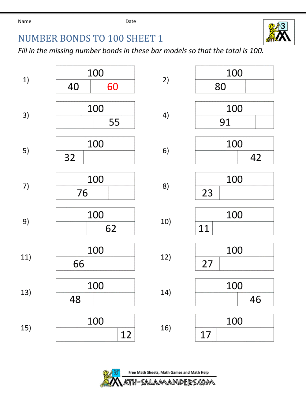 missing to Worksheets for number  worksheet  Math 100 Bonds 100 kids  Number to