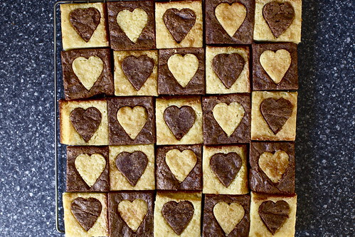 white and dark hearted brownies