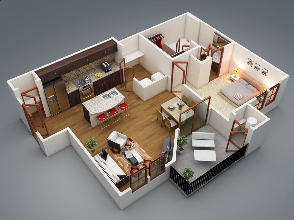 1 Bedroom Apartment/House Plans | smiuchin On an upper floor, this apartment has the modern look and feel of a loft, complete with open floor plan.