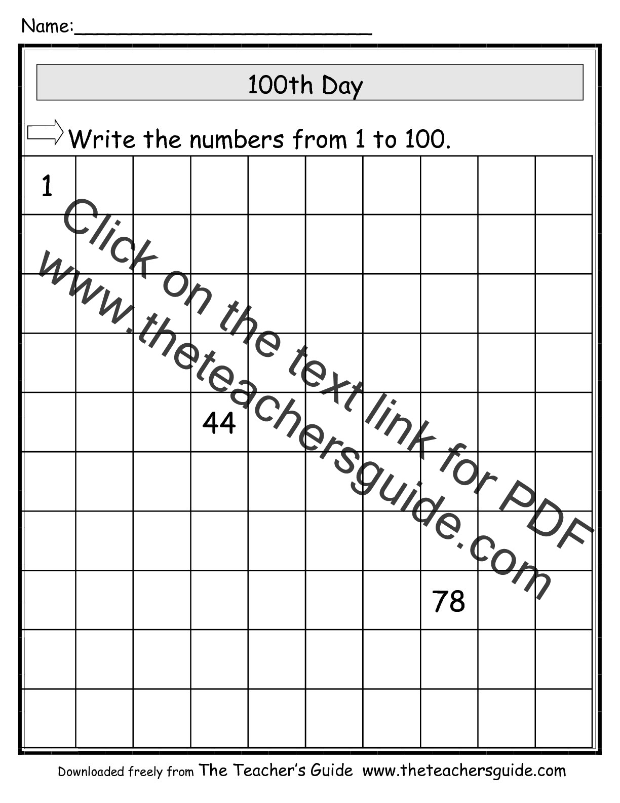 100 number  to to worksheet Day 100 Numbers missing 100th