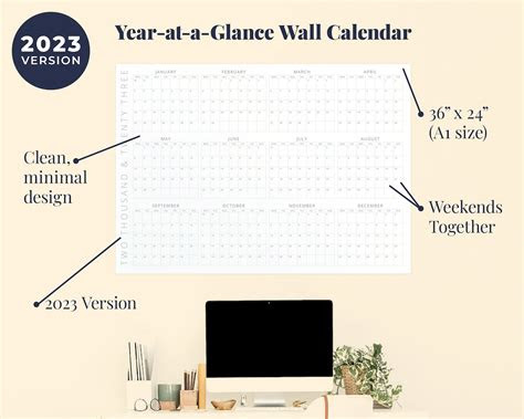  printable year at a glance 2023 wall calendar 36x24 a1 etsy