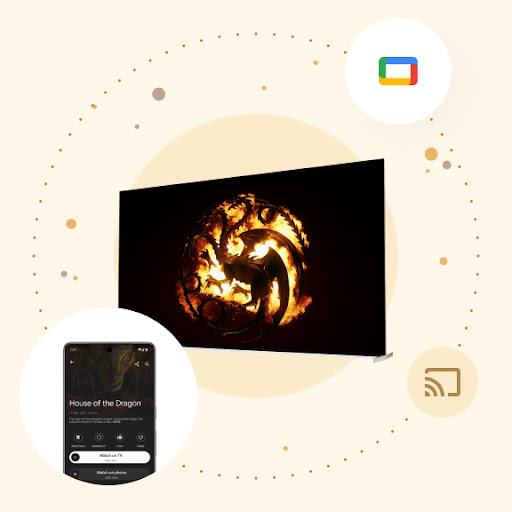 El logotipo de House of the Dragon se muestra en una gran pantalla de Android TV. Alrededor de la pantalla, hay una órbita con un teléfono Android. En el teléfono, se muestra información de control para Android TV y el botón "Watch on TV" ("Mirar en la TV") está destacado.