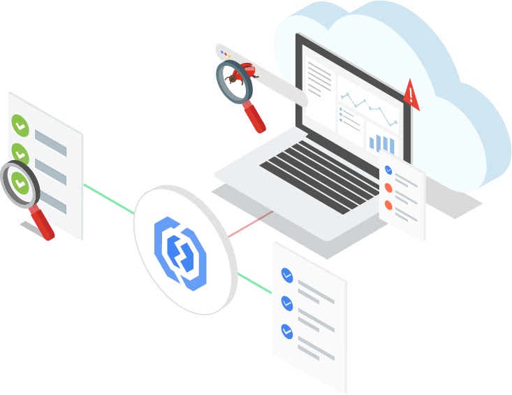 Laptop in the cloud connects through error reporting logo to pages of data