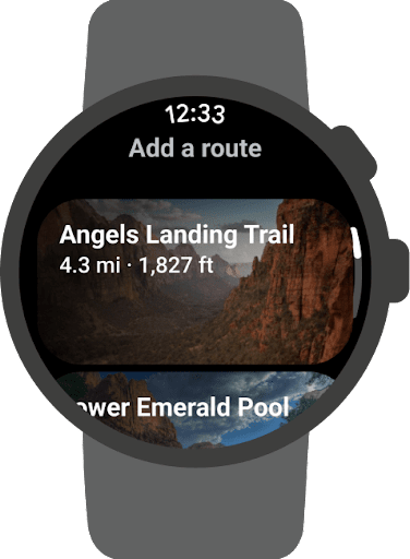 Wear OS 版 AllTrails 應用程式顯示新增路線或選取現有路線的選項。路線名稱、以英里計算的距離，以及以英尺計算的距離顯示於山徑的靜態圖片上。