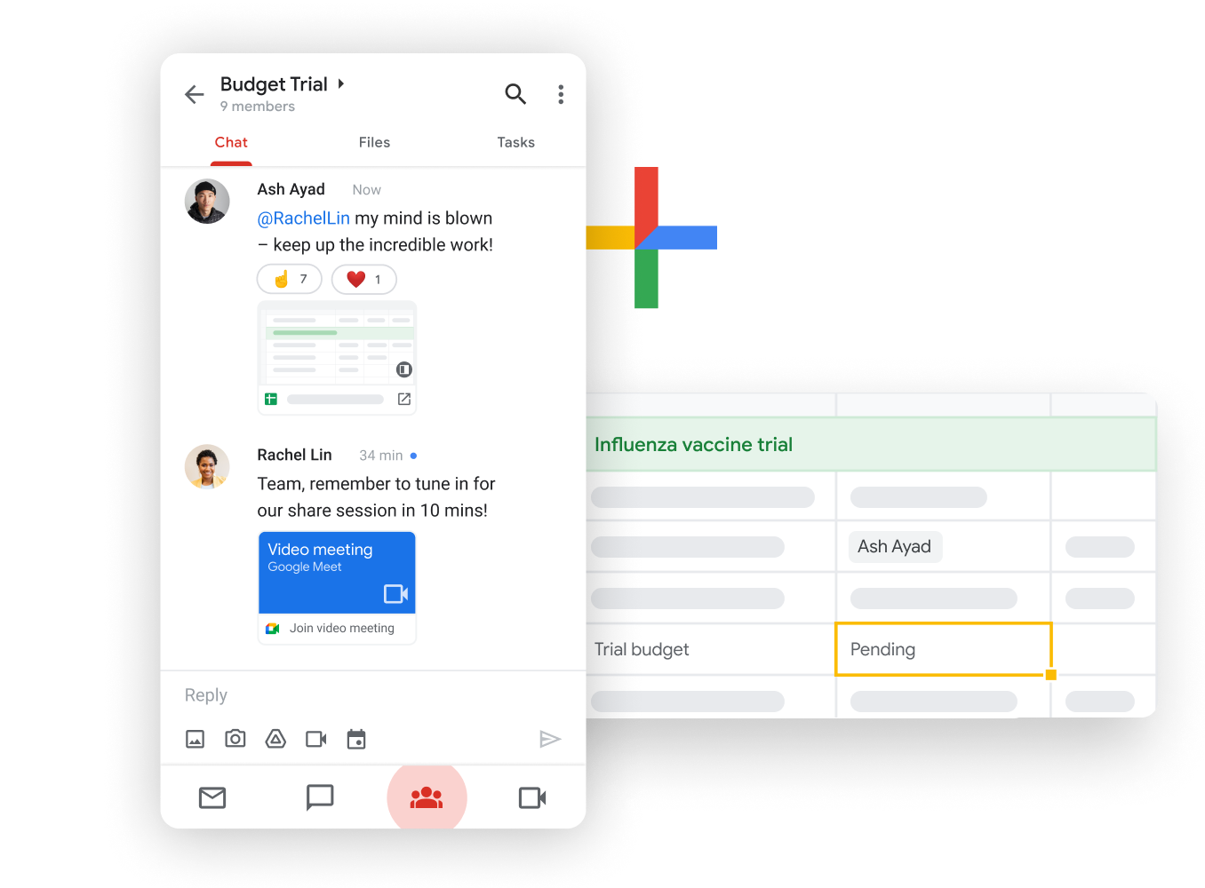 Workspace 插圖 - 團隊成員流暢地透過 Google Chat 共用及編輯 Google 試算表