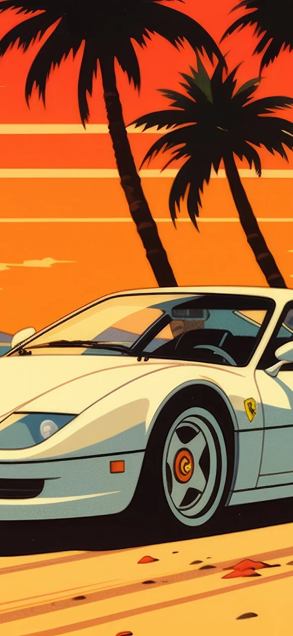 Ai Art, Sports Car, Sunset, Palm Trees, 1980S 2K Wallpaper