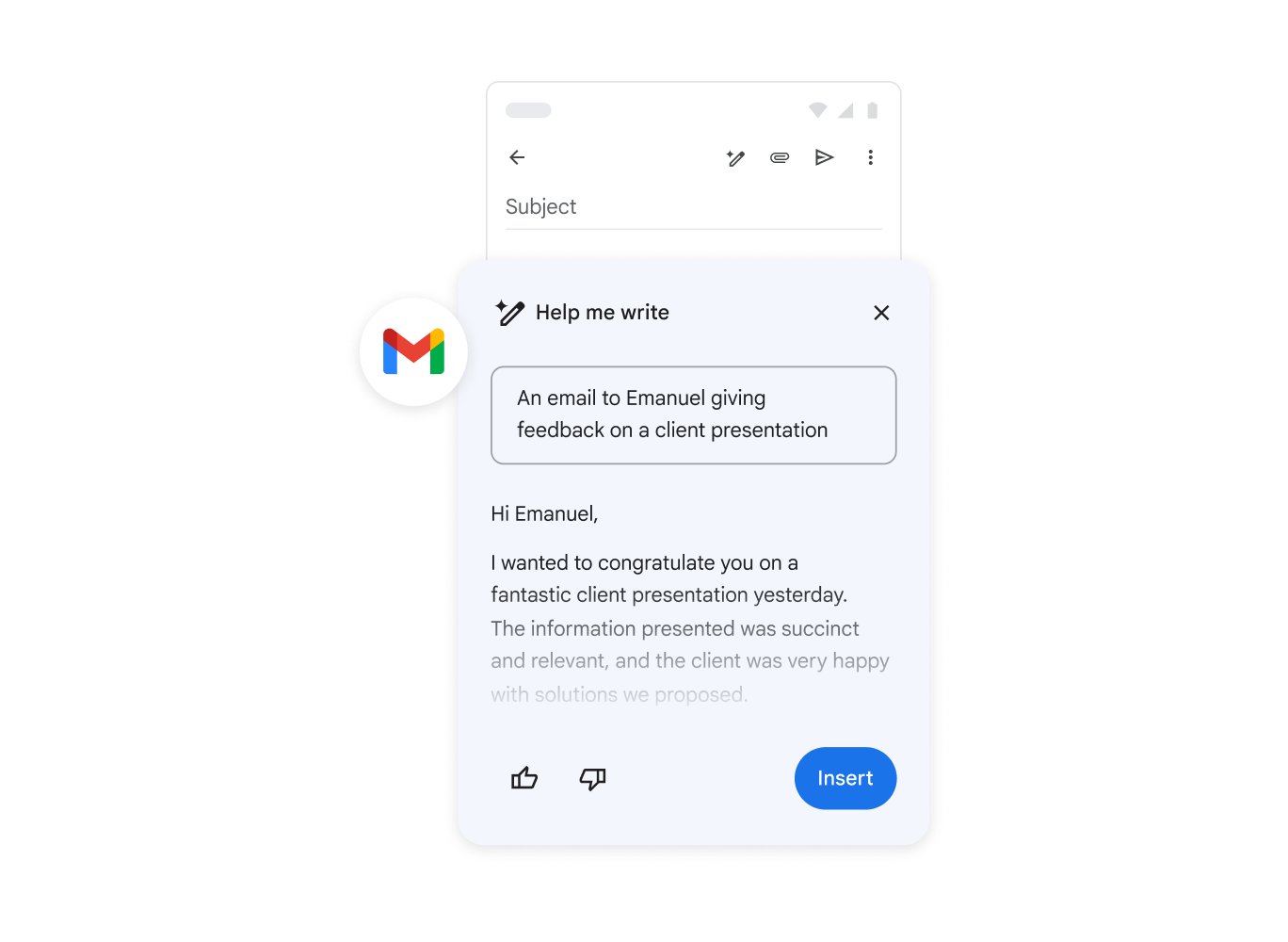 ‫Gemini עוזר למישהו לכתוב הודעת אימייל עם משוב על מצגת ללקוח.