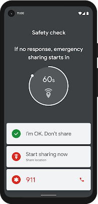 A smartphone displays a screen asking the user to confirm if they are OK. If they are not OK they can press a button to call emergency services.