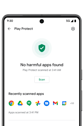 A tela de um smartphone Android com o Google Play Protect aberto. Um escudo verde com uma marca de seleção é iluminado e mostra a mensagem "Nenhum app nocivo encontrado", alertando o usuário de que o smartphone está protegido.