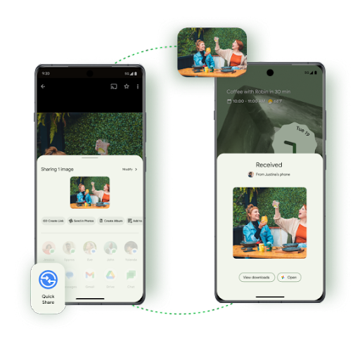 Deux téléphones côte à côte. L'un envoie une image avec Quick Share et l'autre affiche l'image reçue.