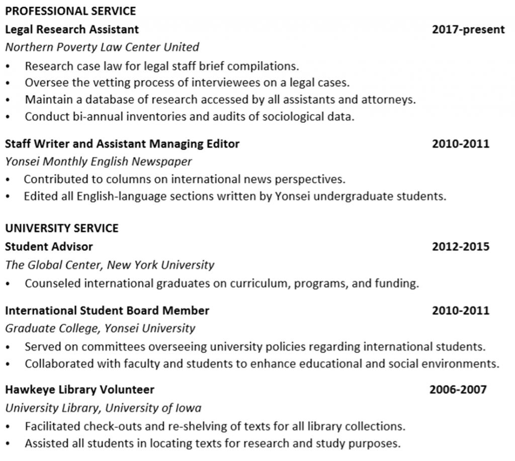 academic cv professional service section example