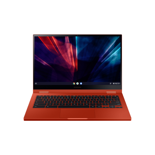 Un Chromebook ouvert avec une image bleue et rouge abstraite à l'écran.