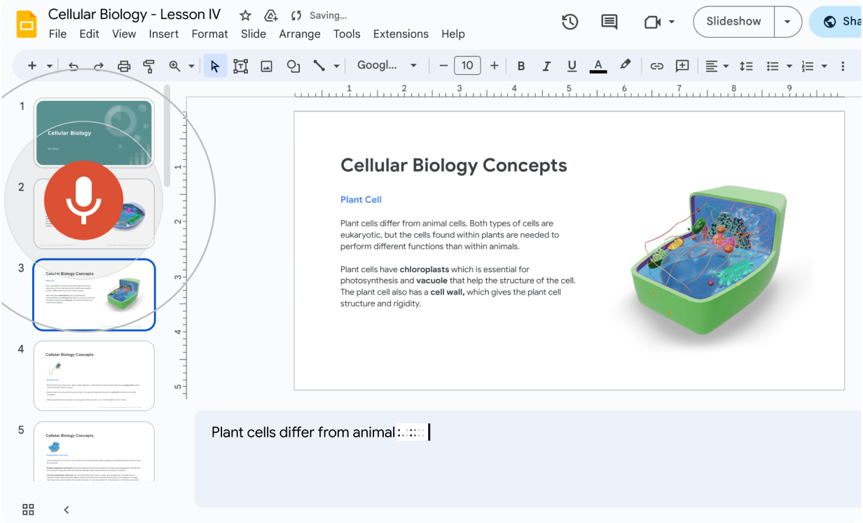 Google’s voice dictation feature is being used to add the speaker notes of a Google Slides presentation