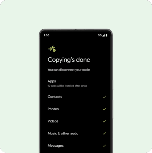 A brand new Android phone screen with the message "Transferring data." along with a list of contacts, photos and videos, calendar events, messages and WhatsApp chats and music listed below.