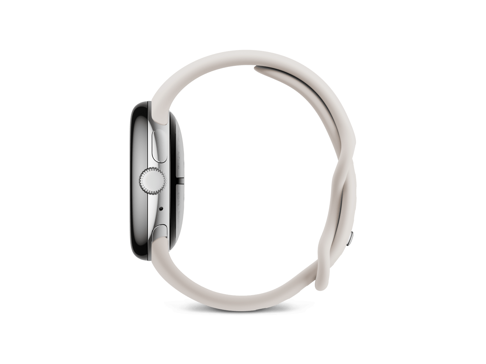 Side view of the Pixel Watch 3 41mm with Polished Silver Aluminum Case / Porcelain Active Band