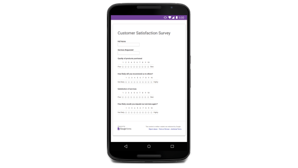 UI ของ Google ฟอร์มบนอุปกรณ์เคลื่อนที่ ซึ่งมีชื่อแบบฟอร์มว่า "Customer Satisfaction Survey" 